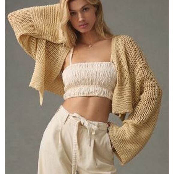 By Anthropologie Juillet Flare Sleeve Cropped Cardigan Sweater Cream One Size - Picture 1 of 8